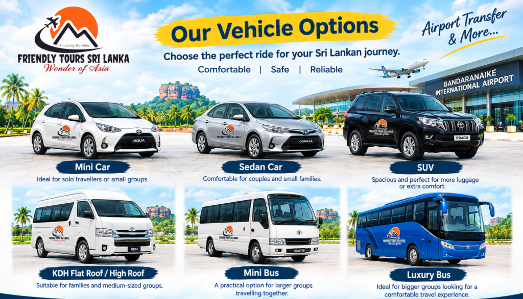 Friendly Tours Sri Lanka airport taxi vehicles including mini car, sedan car, SUV, KDH van, mini bus and luxury bus